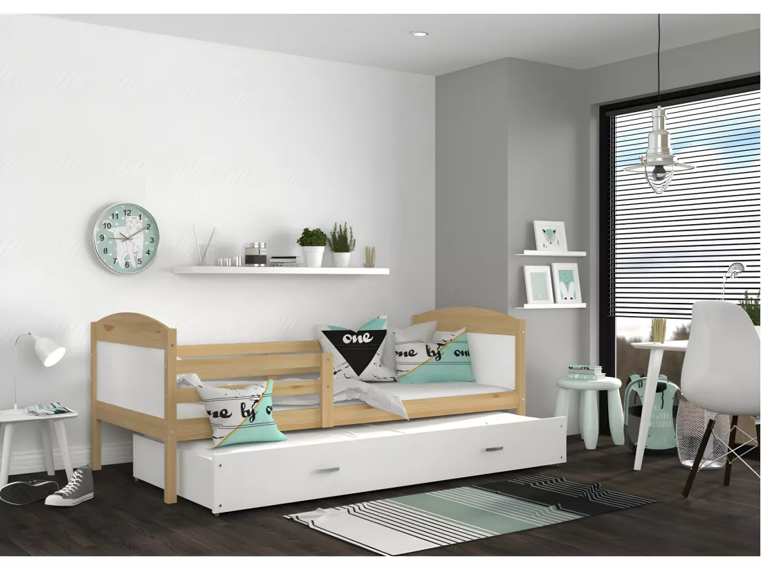 Lit Gigogne Mateo 90x190 Pin - blanc Livré avec sommiers, tiroir et matelas en mousse de 7cm