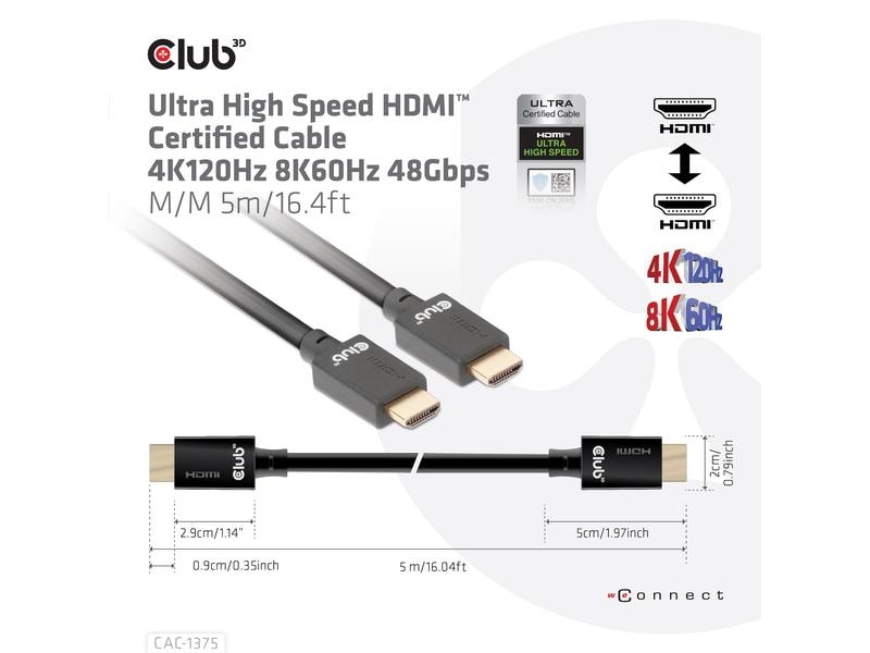 Club 3D Kabel Ultra High Speed 4K120Hz, 8K60Hz HDMI 2.1 - H Ultra High Speed HDMI 2.1-Kabel mit Unterstützung für Auflösungen bis zu 4K @ 120Hz oder 8K @ 60Hz