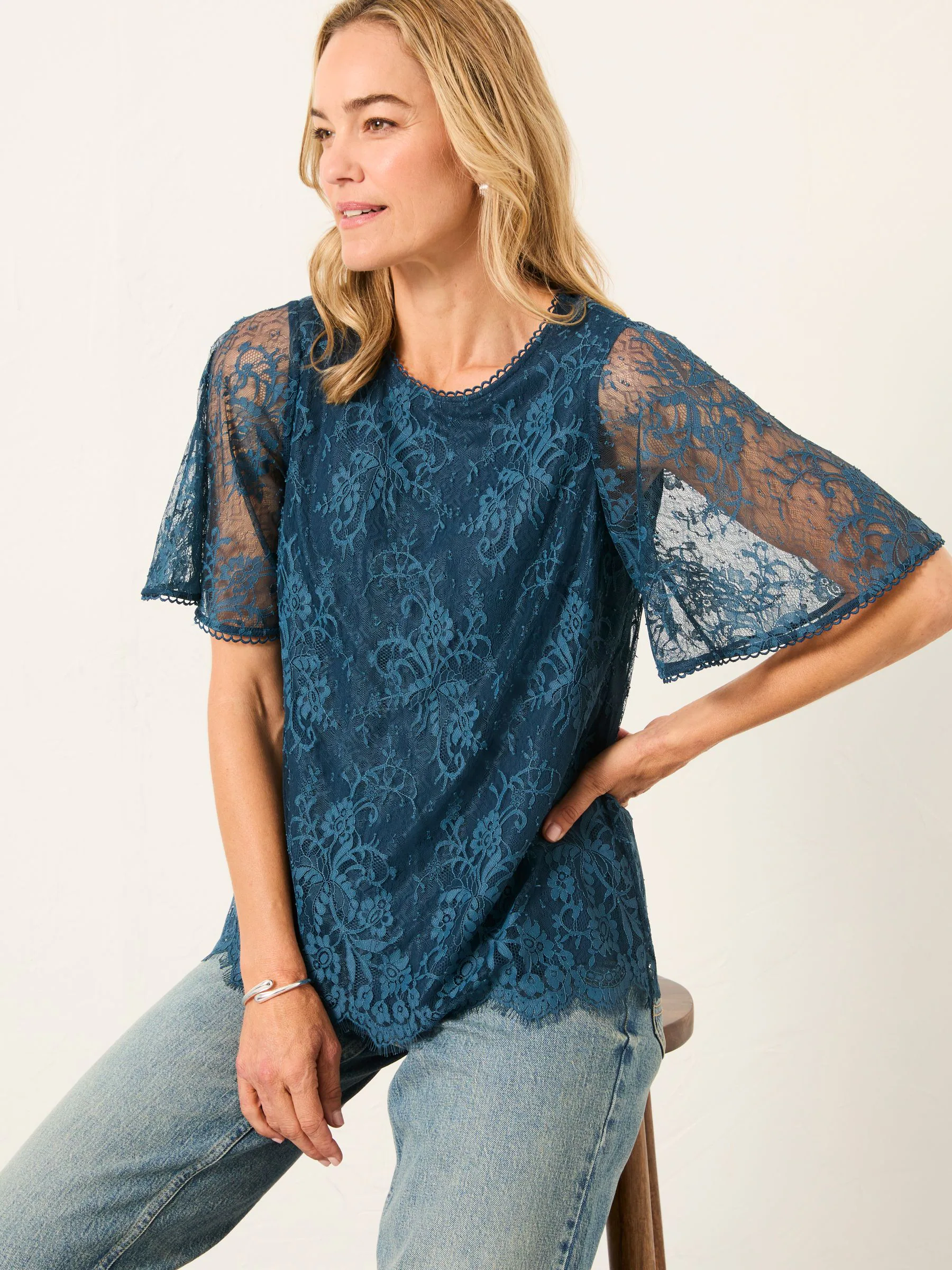 Blauwgroen - FatFace Lace Round Neck Blouse