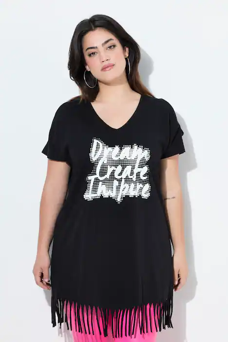 Longshirt, A-Linie, Graffitti-Motiv, Fransen-Zipfelsaum, schwarz