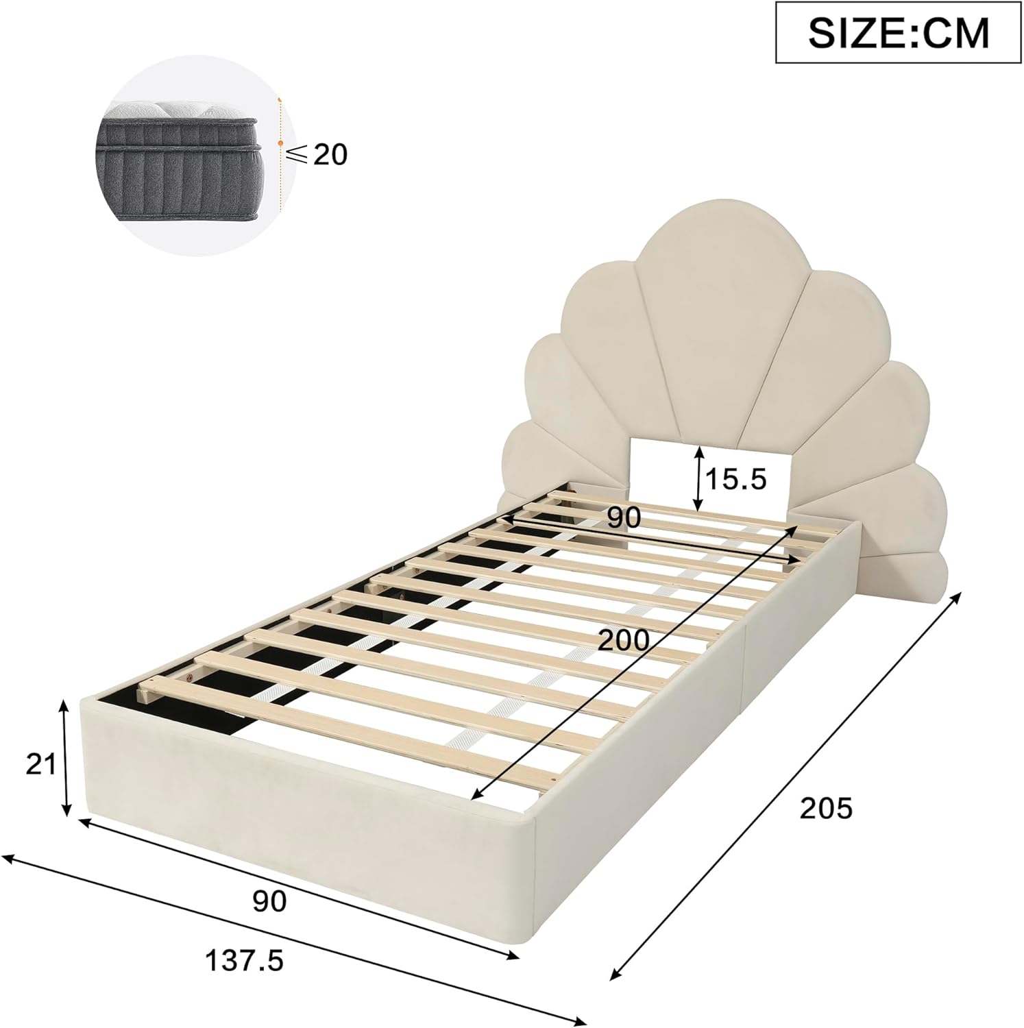 I0I&I0I Einzelbett Polsterbett Samt Beige, Kinderbett Jugendbett mit Kopfteil Blütenblätter, Stabiler Lattenrost, Metallrahmen, Modern Stilvoll rutschfest Einfacher Aufbau (90x200cm)