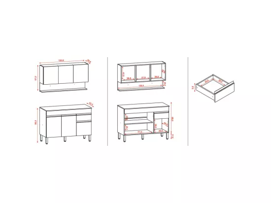 Cuisine Equipée 6 Portes 1 Tiroir Chêne et Blanc 9 NIches L 120 H 200 P 53.3 cm