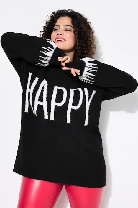 Pullover, HAPPY-Statement, Ballon-Langarm, schwarz