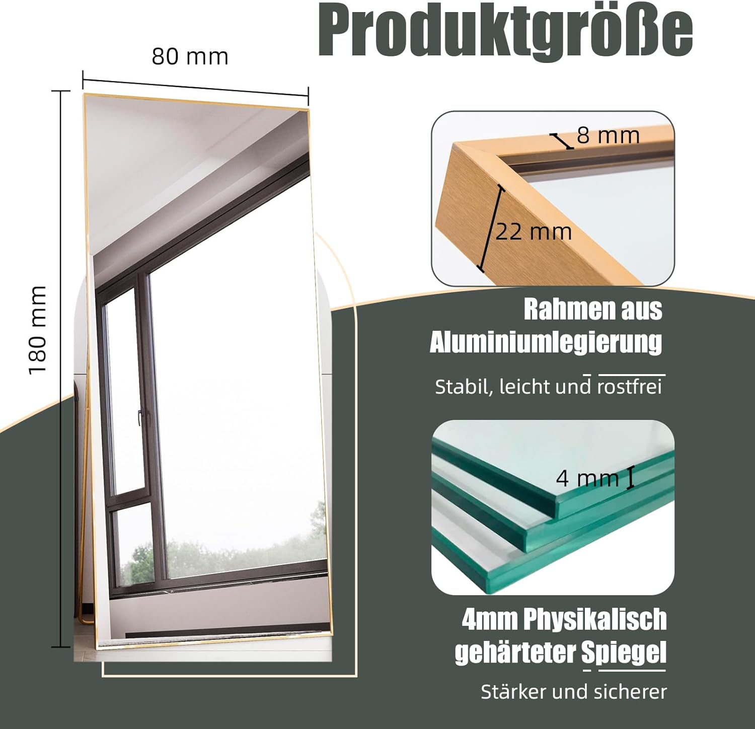 Ganzkörperspiegel Standspiegel 180x80cm mit Golden Metallrahmen Bodenspiegel HD Spiegel Groß Wandspiegel mit Haken für Wohn-, Schlaf- und Ankleidezimmer