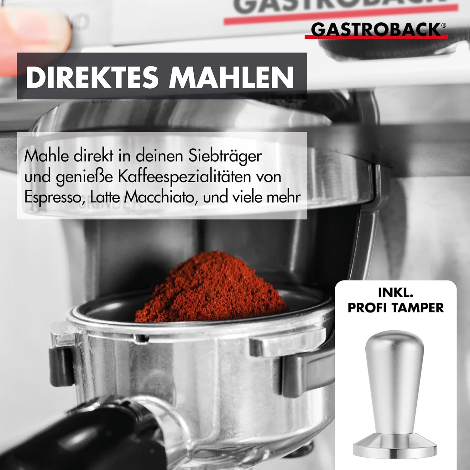 GASTROBACK Espresso Siebträgermaschine mit Mahlwerk inkl. Milchkännchen, Tamper und Edelstahl Siebträger - Barista Kaffeemaschine mit Milchschäumer - Espressomaschine mit 30 Mahlgradeinstellung
