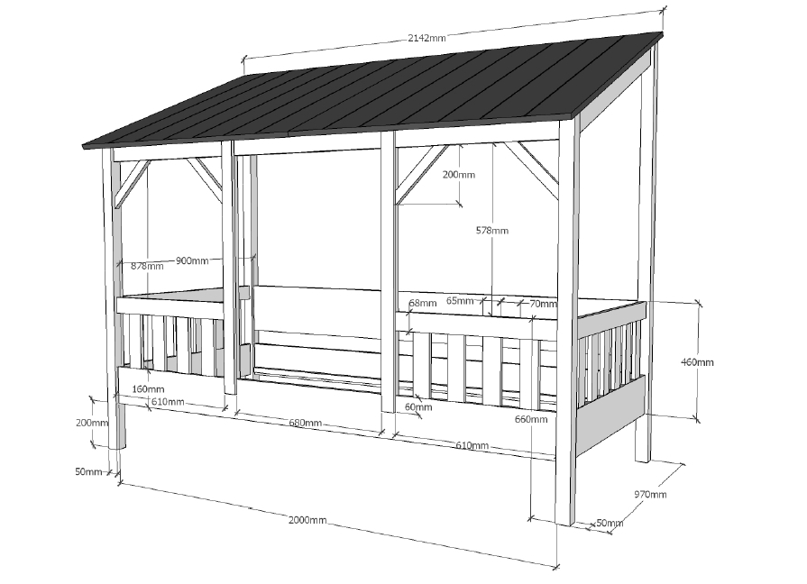 Hausbett - weiß - teilmassiv - mit Dach - 90x200 cm