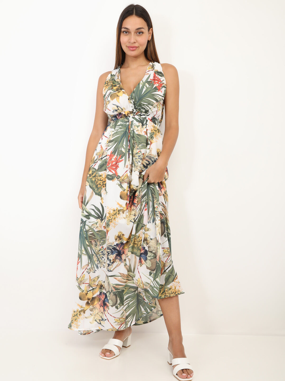 Robe décolletée imprimé fleuri- Blanc