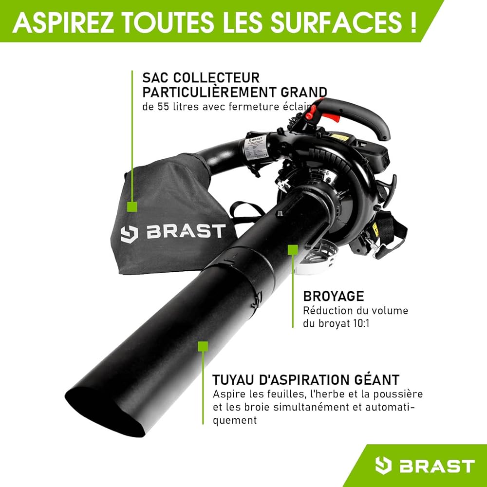 BRAST Souffleur, aspirateur, broyeur therrmique 1000W 30cc vitesse de soufflage 265km/h 1,36cv 9.000 trs/min sac 55l, anti-vibrations, sangle réglable, 4en1 : Jardin