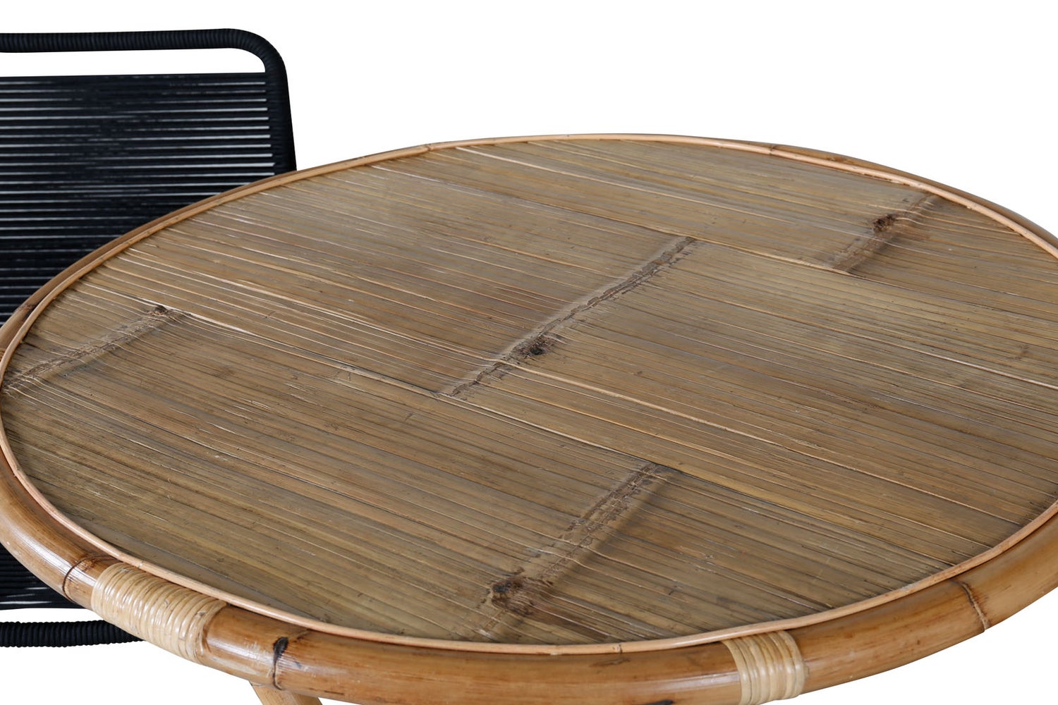 Tuinset van riet, tafel Ø80cm en 2 stoelen, S Lindos, zwart, naturel. 80 x 80 x 80 cm