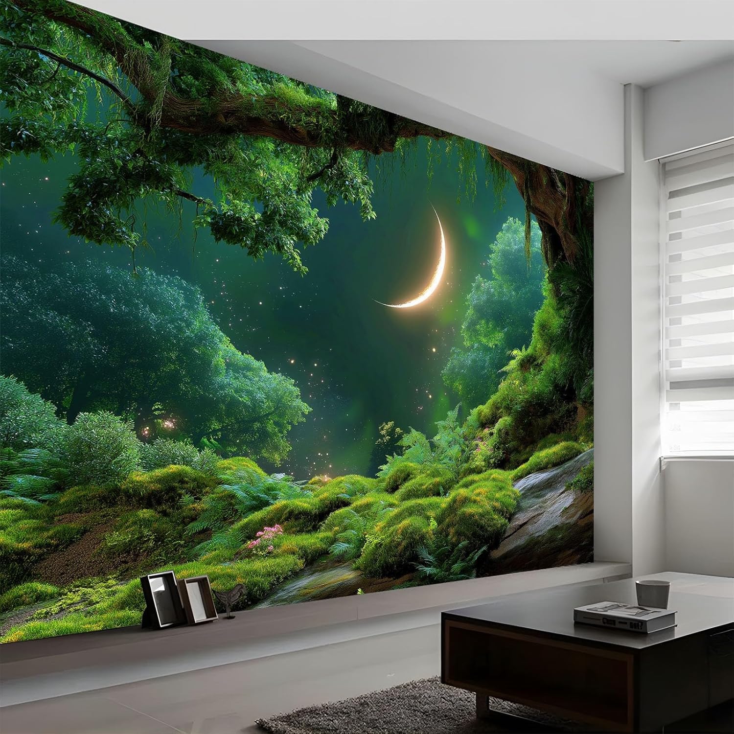 Art Murals Fototapete Schlafzimmer - Fantasie Wald Mond Moos Wandtapete Aufkleber für Wohnzimmer Küche, Olivgrün 3D Tapete Mural Kinderzimmer TV Hintergrund Wandtapete, 400 x 280 cm