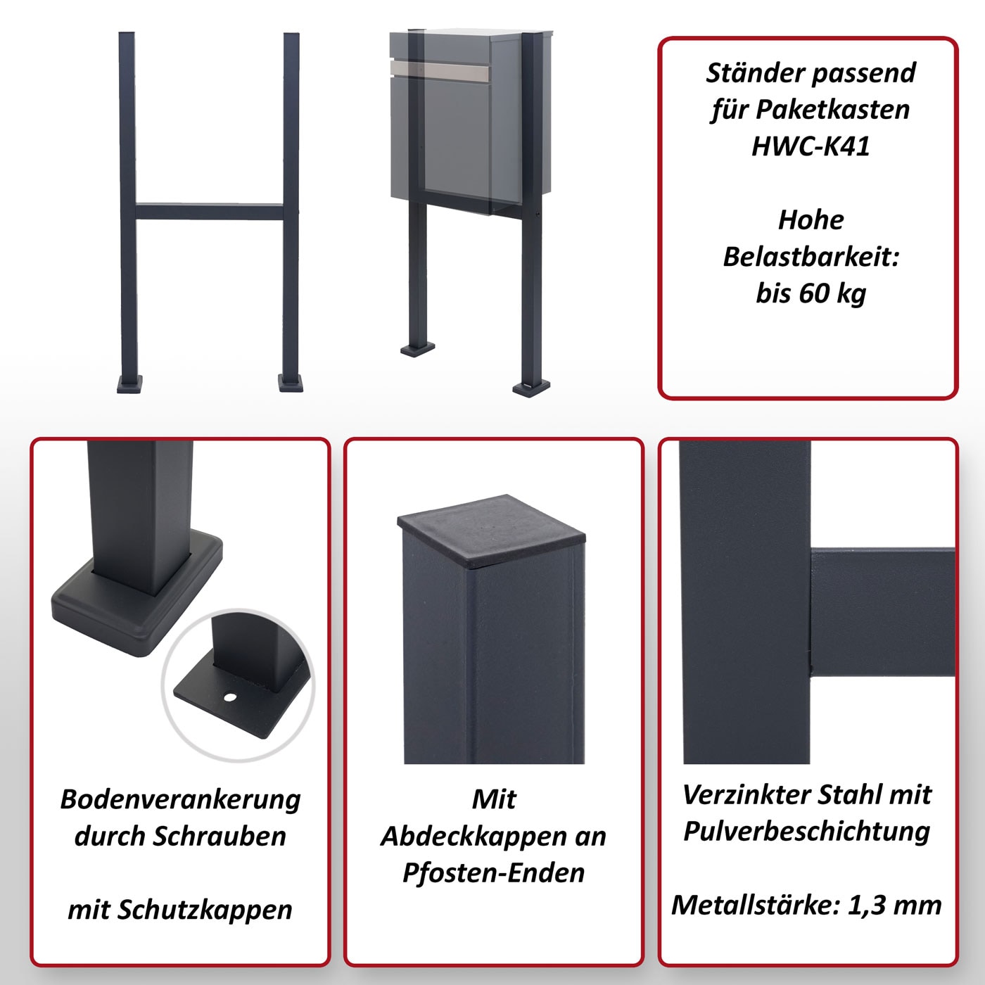 Standfuß für Paketkasten MCW-K41, Befestigungsständer Briefkasten Paketkastenständer, verzinkter Stahl ~ anthrazit