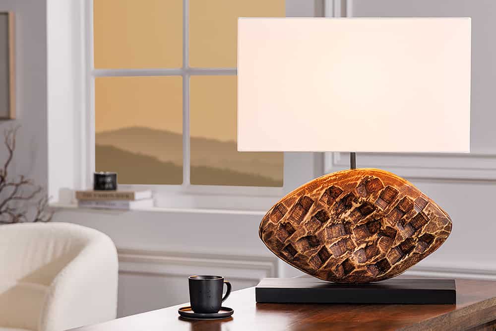 Design Tischlampe REEF 50cm Regenbaum Massivholz handmade Baumwollschirm weiß