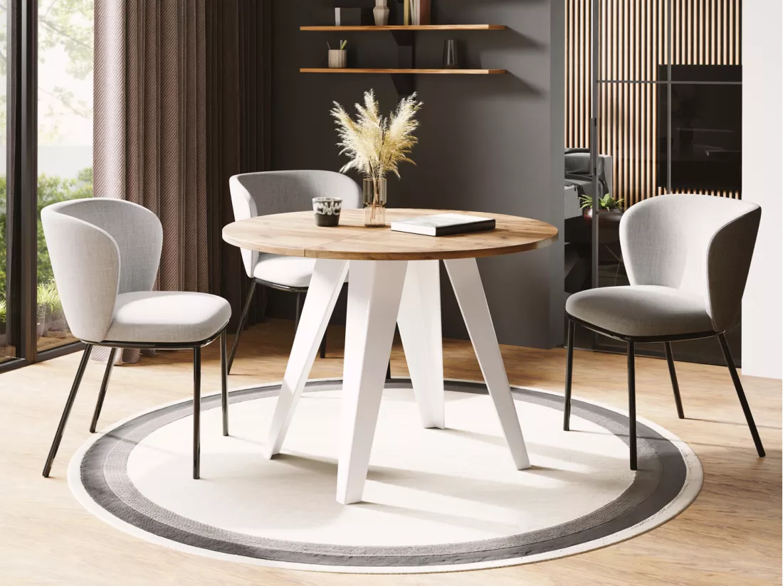 Table De Salle à Manger Ronde De Style Industriel - Moderne - Extensible De 90 Cm à 130 Cm - Pieds Métalliques Blancs - Compacte - Chêne Craft