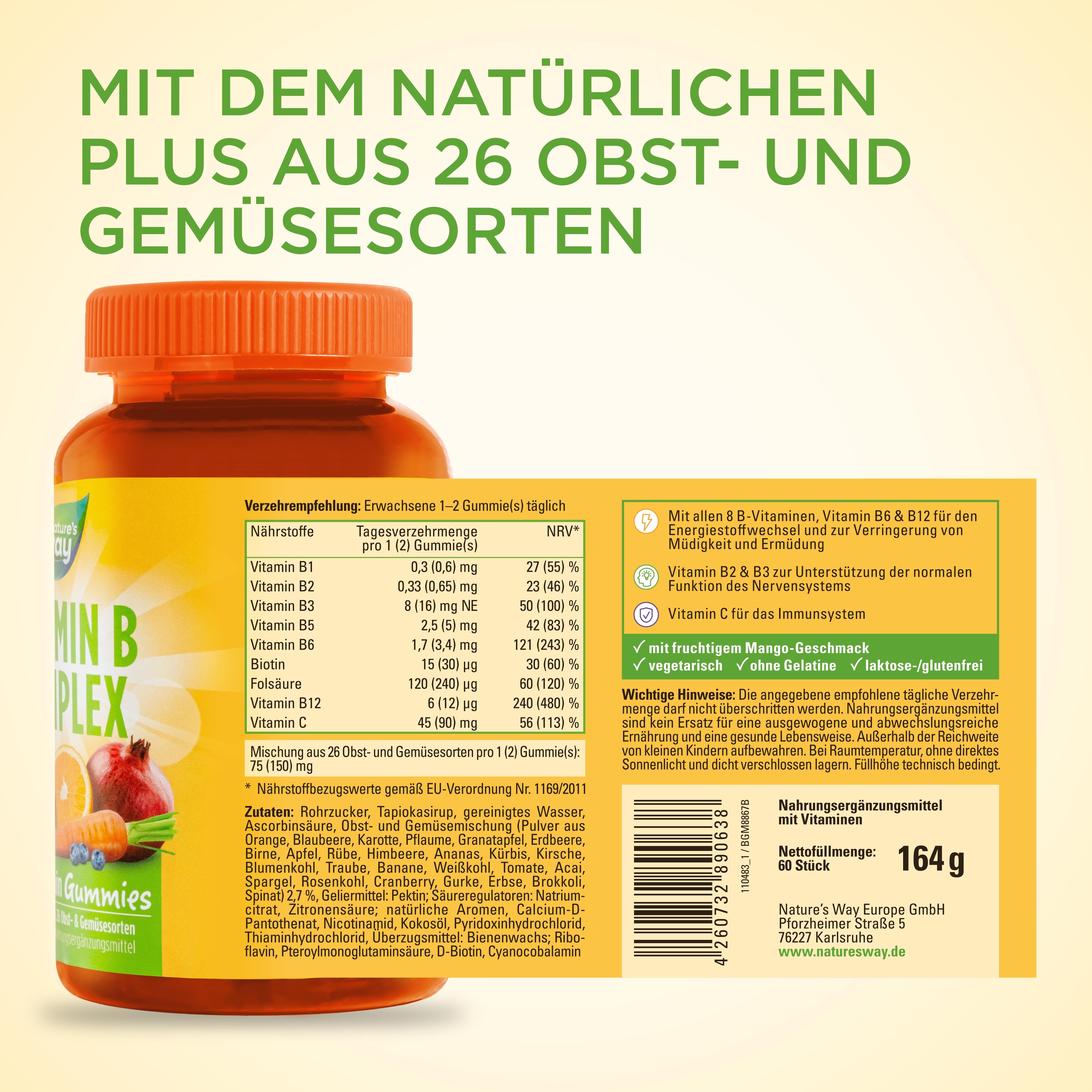 Nature's Way Vitamin B Komplex Gummies - hochdosiert B1 B2 B3 B5 B - mit Vitamin C & Folsäure