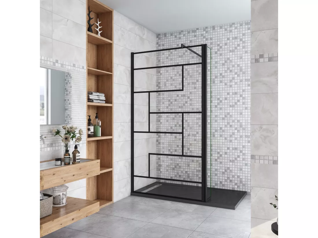 Paroi de douche fixe à l'italienne 140+40x200cm avec retour pivotant - Noir - avec barre de fixation 70-120cm en cylindrique
