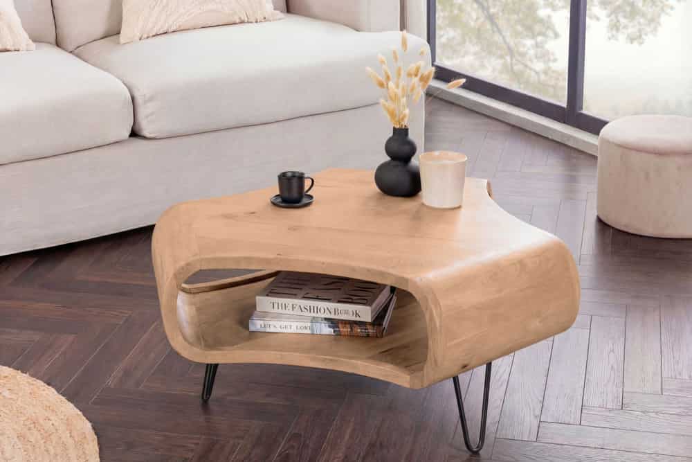 Couchtisch ORGANIC LIVING 90cm natur cream finish Mangoholz mit Hairpin Legs