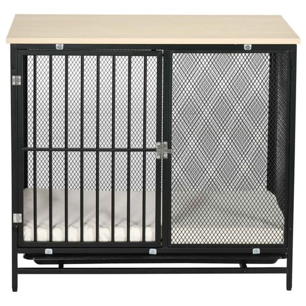 Hundebur, hundehus med bordplate, hundehus med pute, uttrekkbart gulvbrett, hundeboks, eik + svart, 80 x 55 x 71 cm