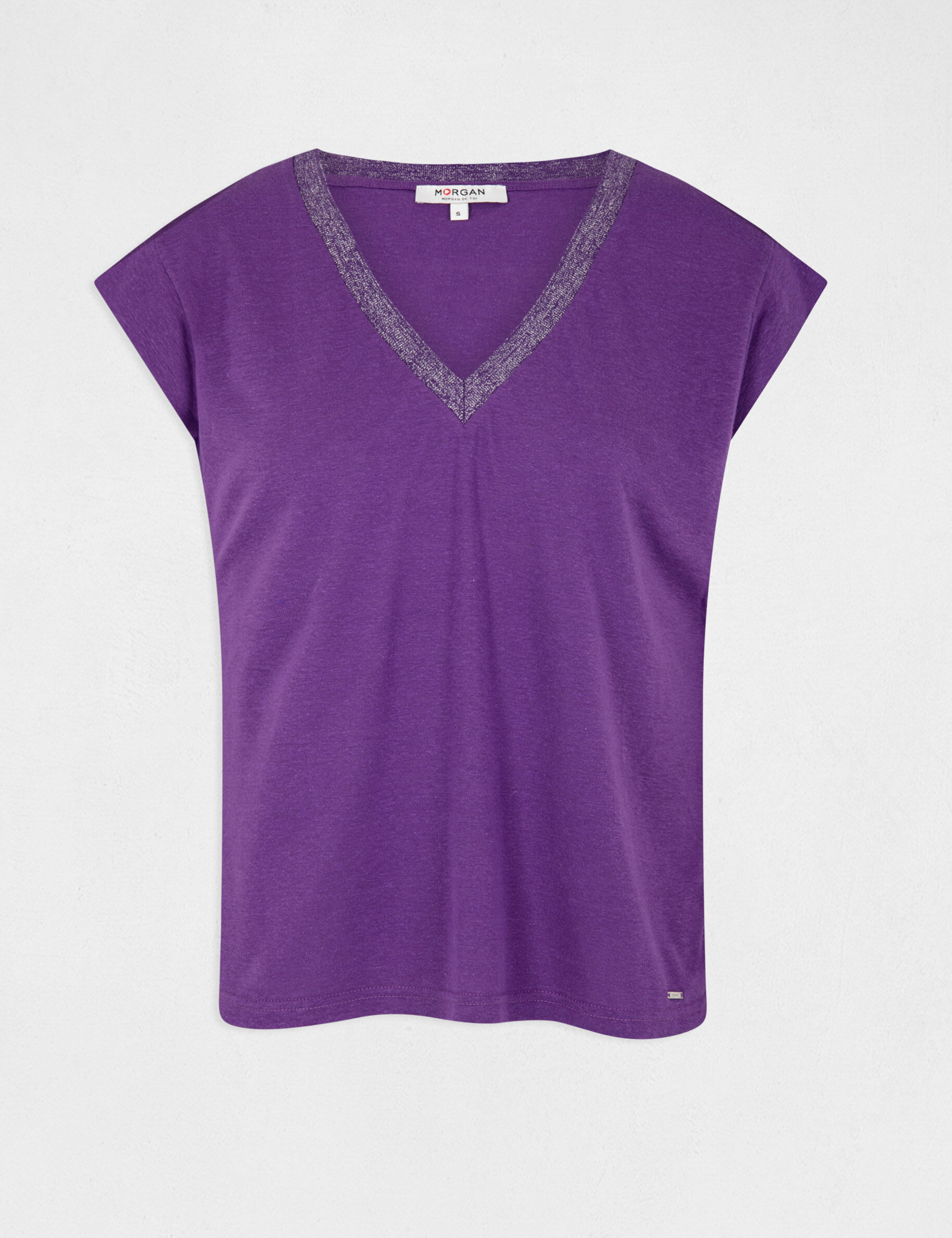 T-shirt manches courtes à col en V violet fonce femme - violet_fonce