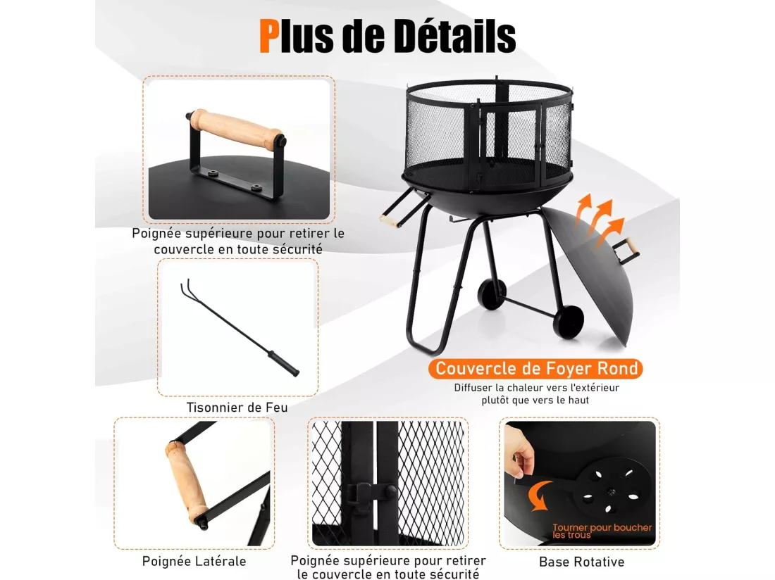 Brasero Exterieur de Jardin 108x57cm à 2 Portes avec Grille, Chauffage Foyer avec Roues Protection Contre Étincelles, Treillis Métallique Ventilation pour CamBoisg Barbecue