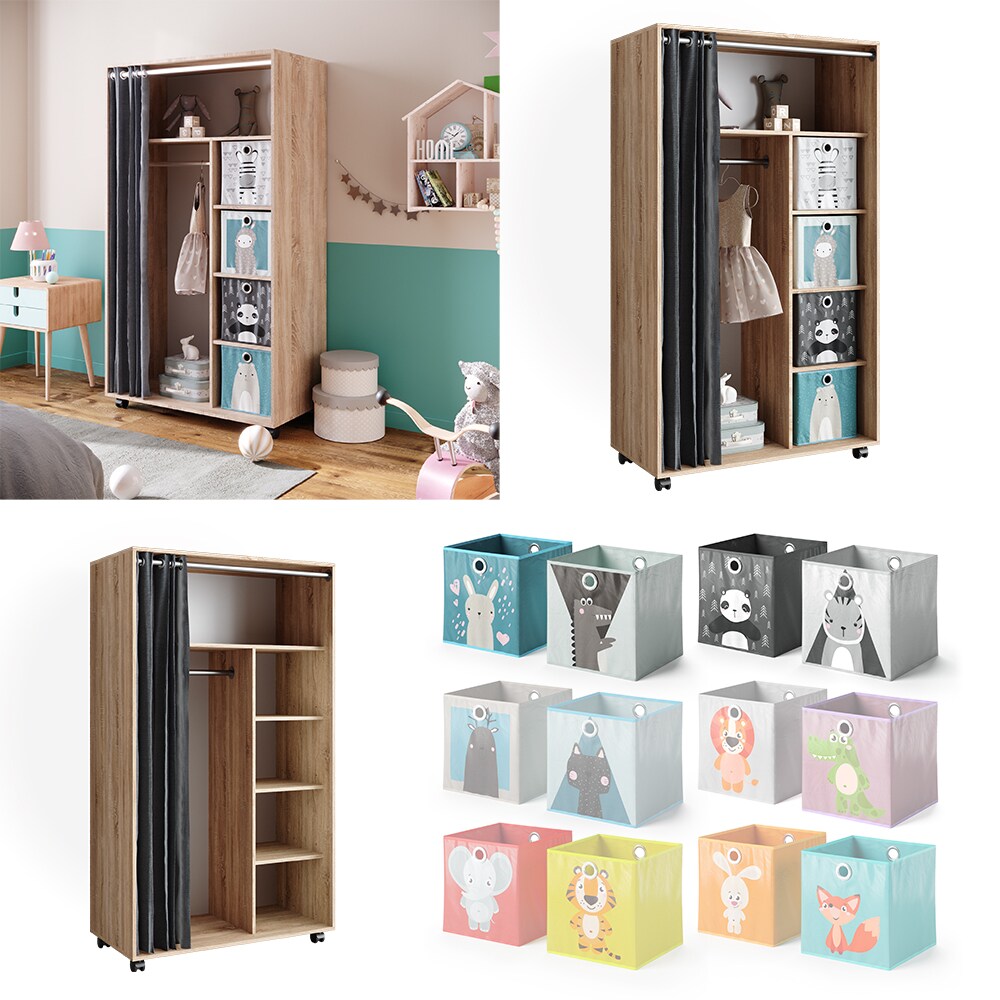 Vicco mobiler Kinderkleiderschrank Dielenschrank Garderobe Doros Sonoma modern 100 x 168 cm Faltboxen offen rollbar