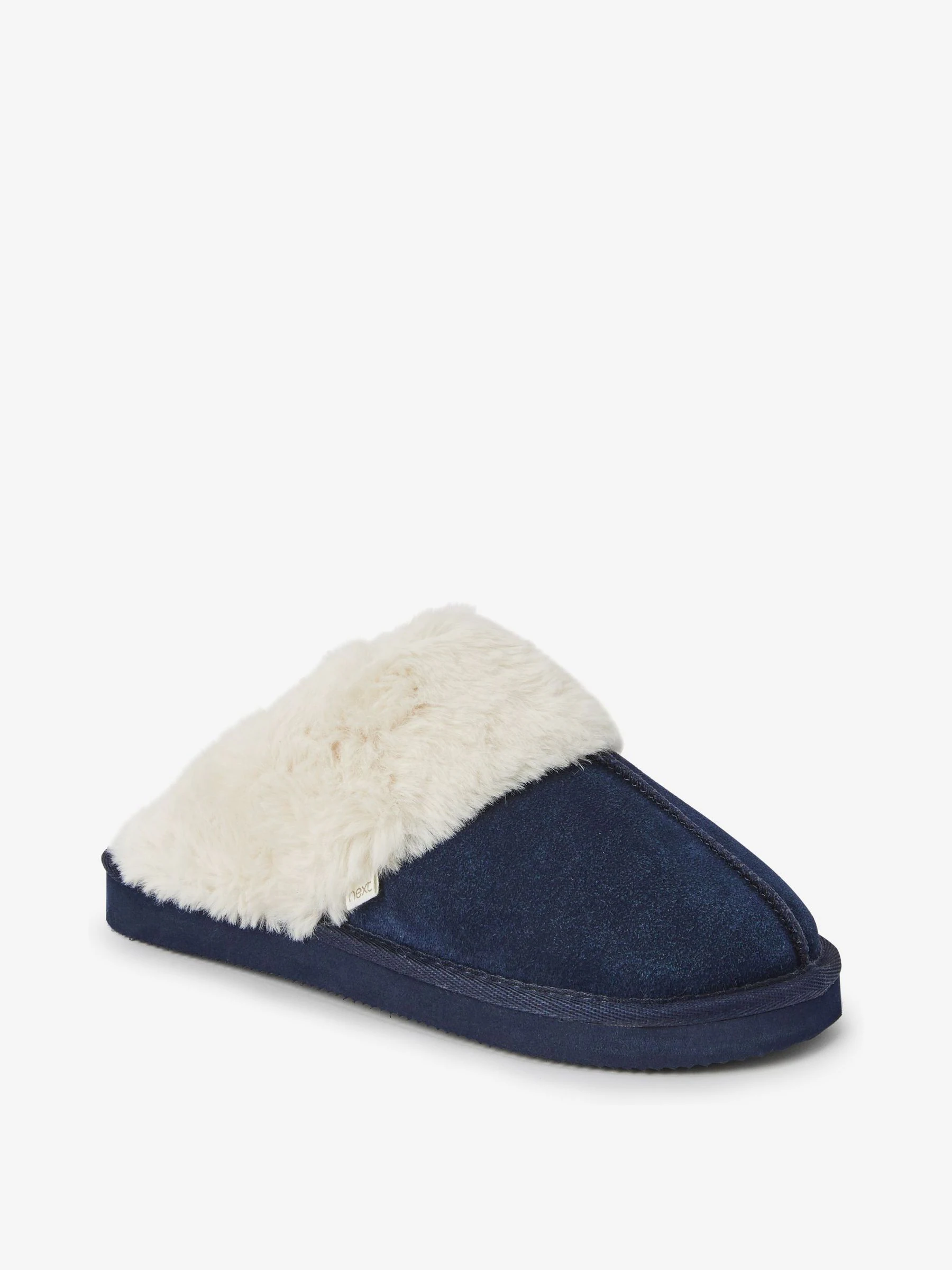 Marineblauw - Met imitatiebont gevoerde suède pantoffelmuiltjes