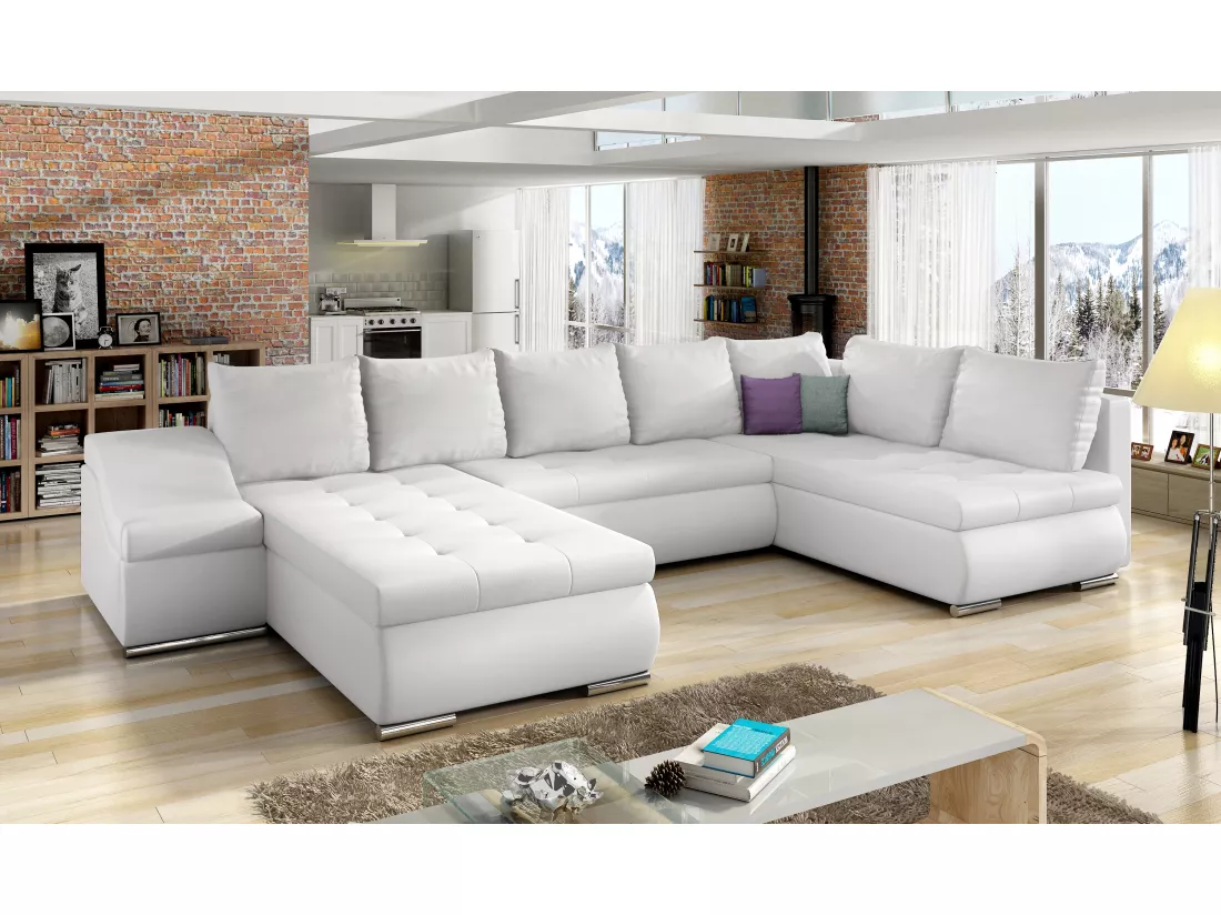 Canapé panoramique convertible simili cuir blanc Jonaz 340cm-Méridienne A gauche