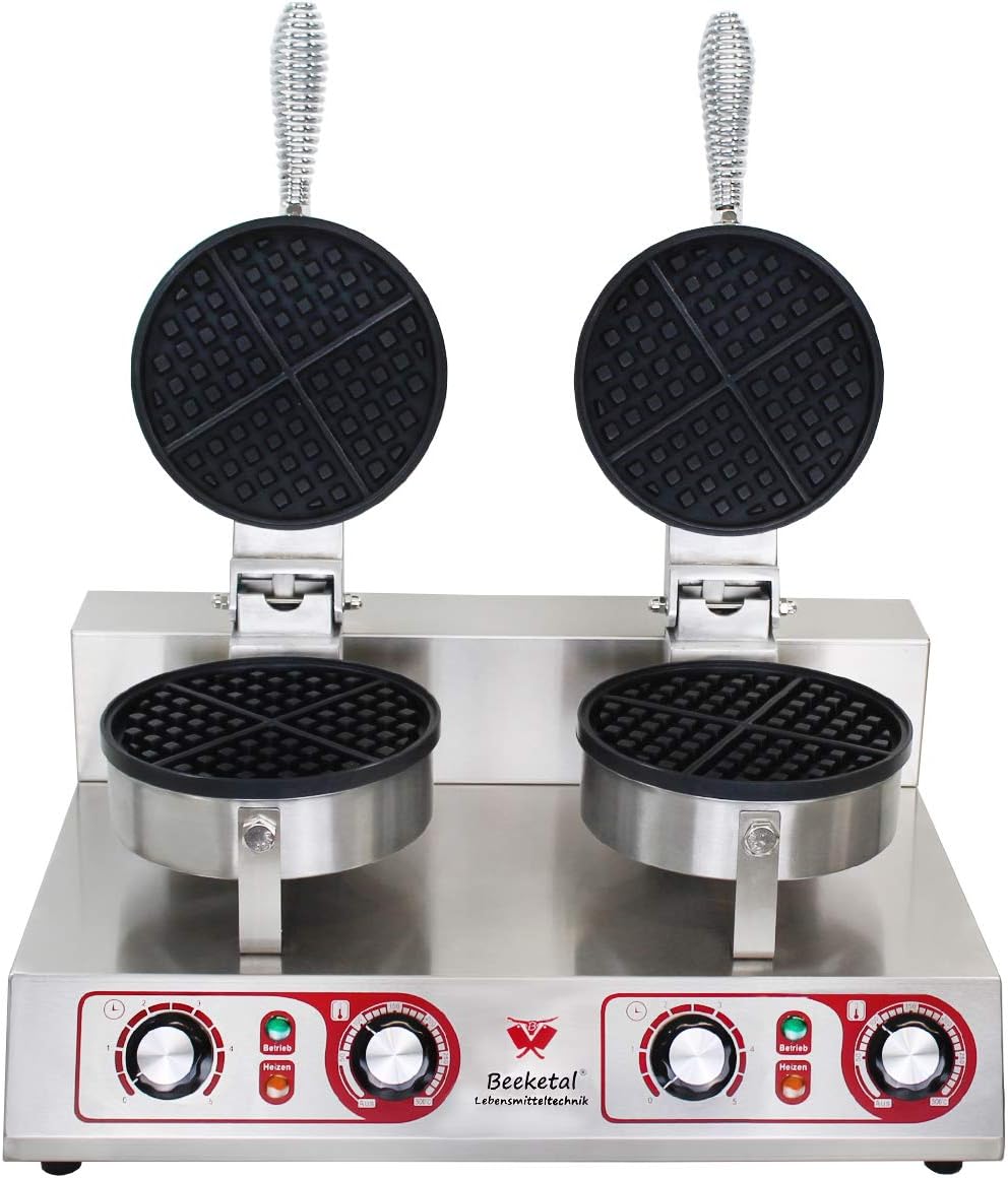 Beeketal 'BWA-2' Profi Gastro Doppel Waffeleisen mit antihaftbeschichteten Backplatten (2 x 4 geteilt rund), Waffelautomat für belgische Waffeln mit Edelstahl Gehäuse, 50-300 °C stufenlos