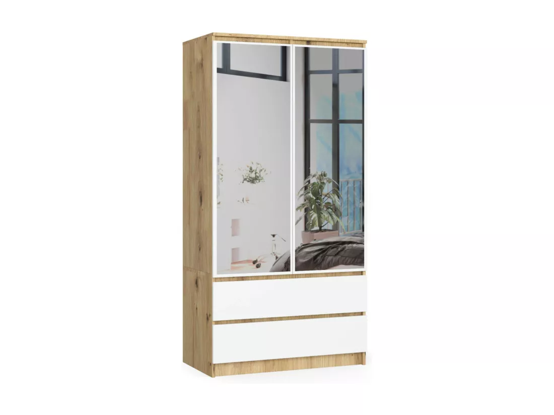 Armoire AKORD S90 avec miroir Chêne Artisan 90 cm 2 portes 2 tiroirs façade Blanche 4 étagères 90x51x180 cm