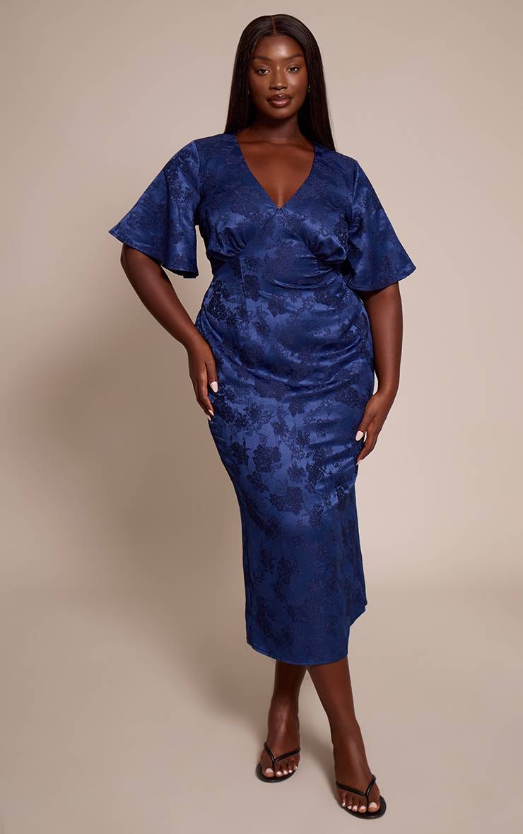 Bleu Marine Robe Midi Grande Taille À Décolleté Plongeant, Manches Bouffantes Et Jacquard Fleuri