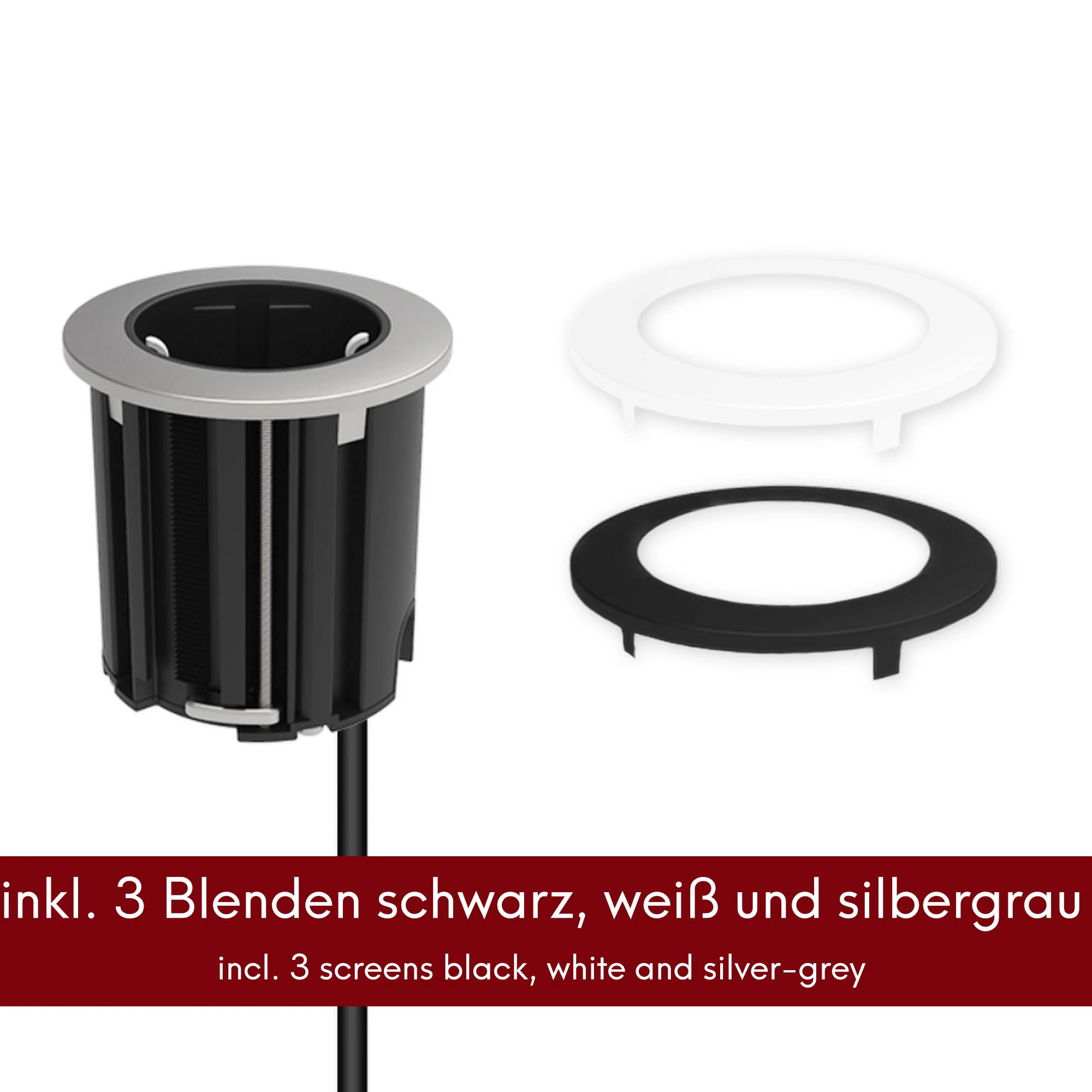 kalb | Einbausteckdose 230V Tischsteckdose 54mm rund für Montage in und an Möbeln / Platten, mit EU-Stecker, inkl. farbiger Blenden