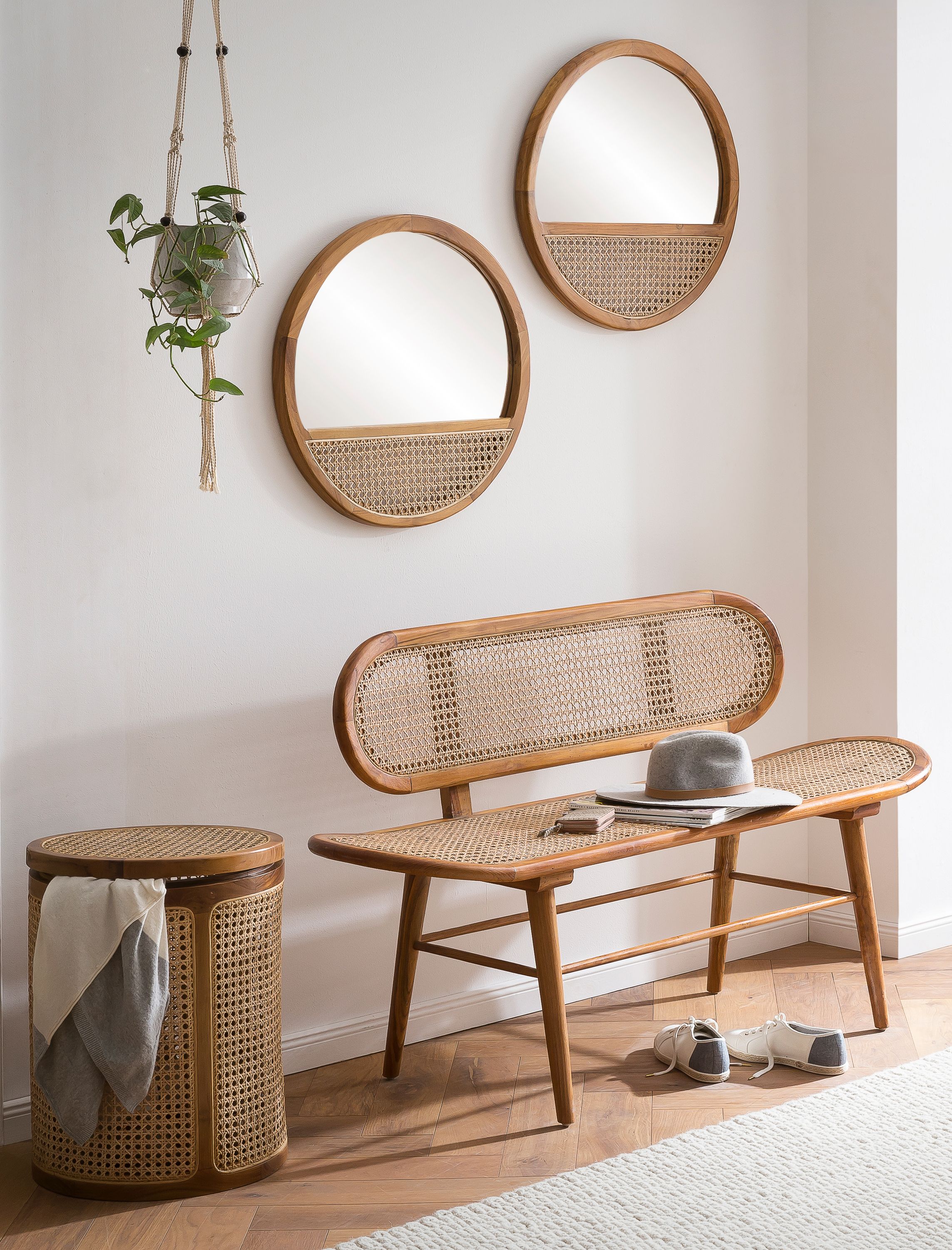 Sitzbank Rattan Teakholz Flurbank Dielenbank Esszimmer Bank Holzbank massiv