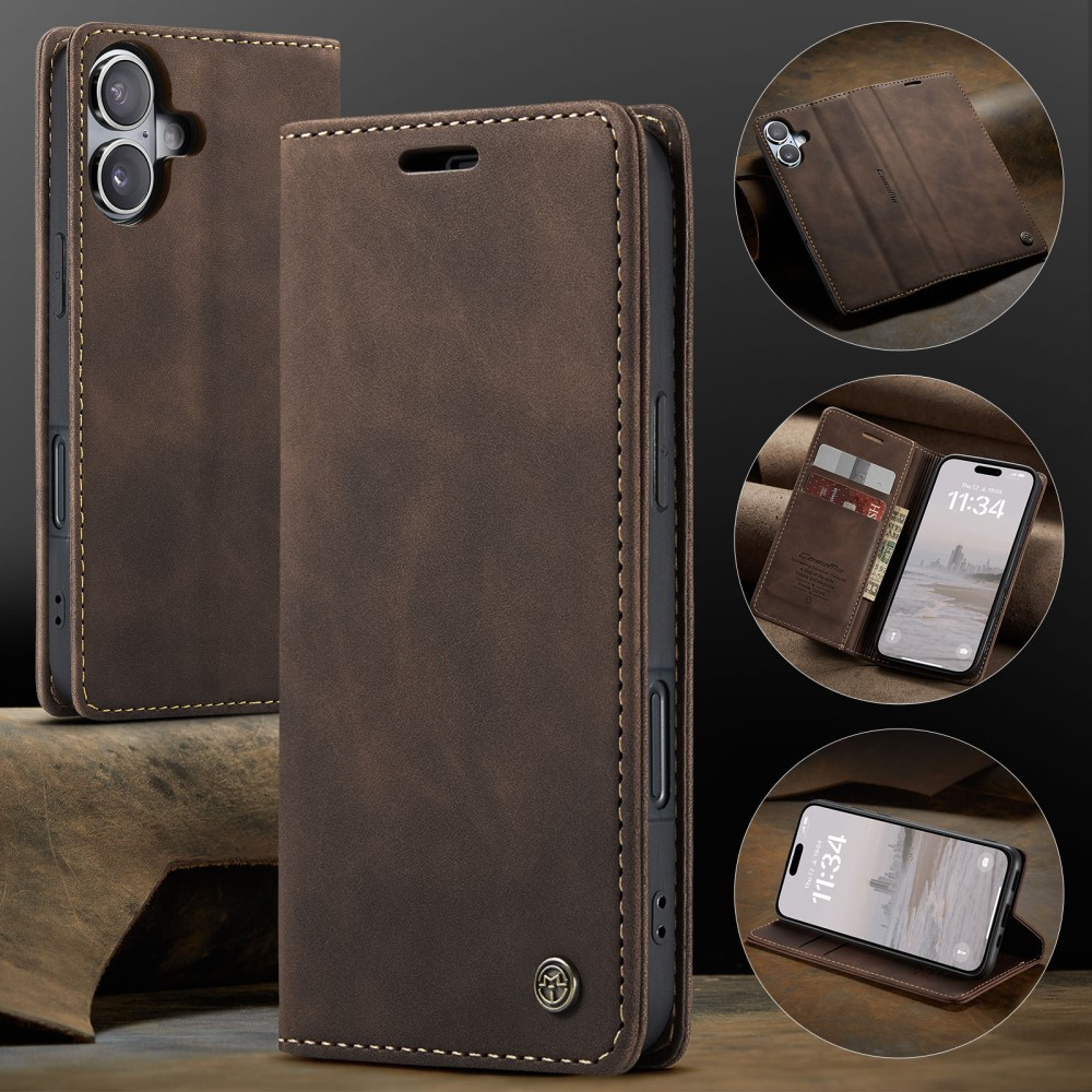 iPhone 16 Leder Tasche Flip Wallet Etui mit Kartenfächern - Braun