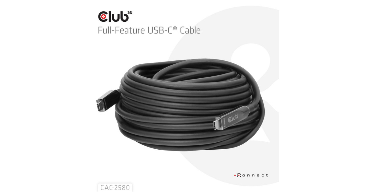 Club 3DFull-Feature USB-C kabel, 15m  (Zwart, 8K60Hz 10Gbps 60W)