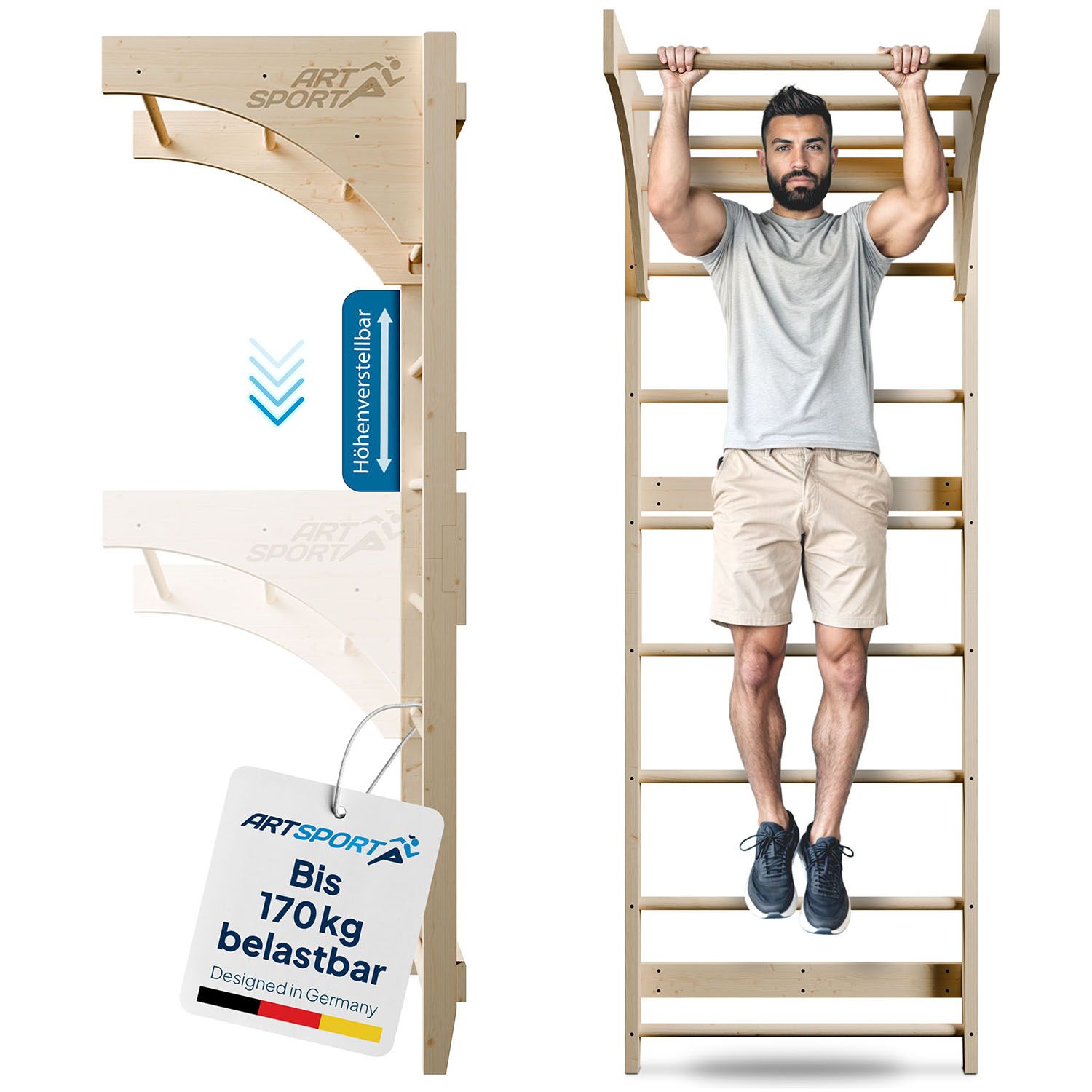 ArtSport Sprossenwand für Erwachsene - Indoor Klettergerüst aus Holz mit Klimmzugstange - Natur