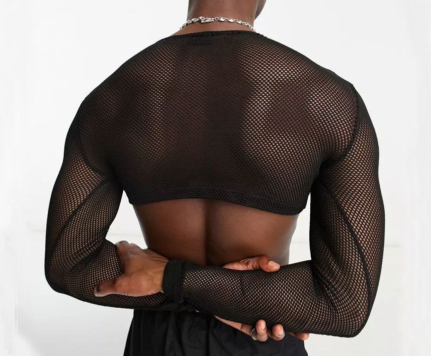 vrovion - Crop top met lange mouwen, ronde hals en effen mesh