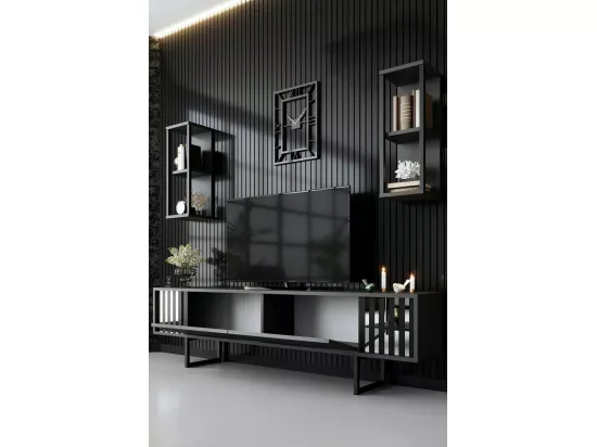 Meuble TV Ananke, Buffet de salon, Armoire basse pour TV, Base murale de rangement, 180x30h48 cm, Anthracite et Noir