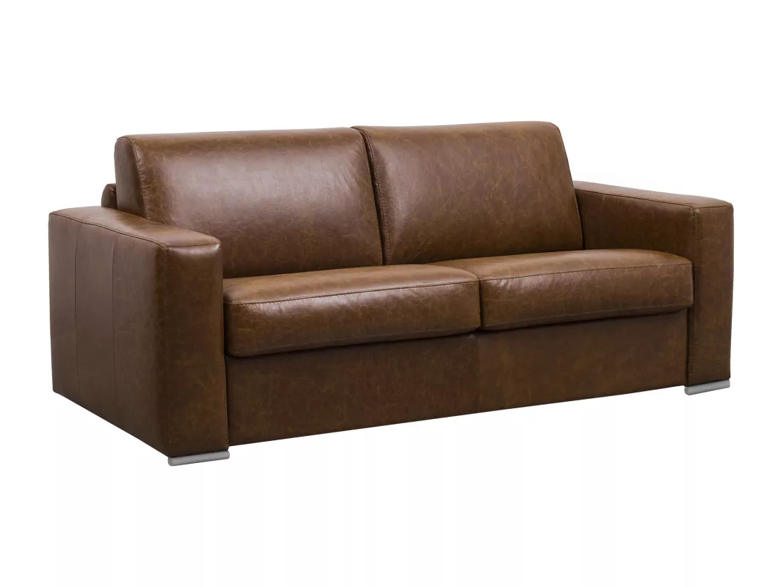 Canapé 4 places convertible express 100% cuir de buffle vintage caramel matelas 13 cm - DELECTEA II