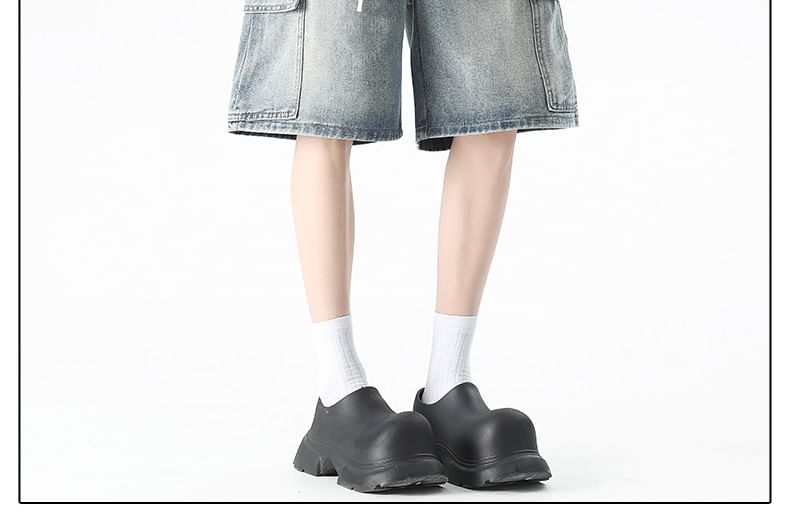 Lefitt - Mid Rise Washed Denim Cargo Shorts
