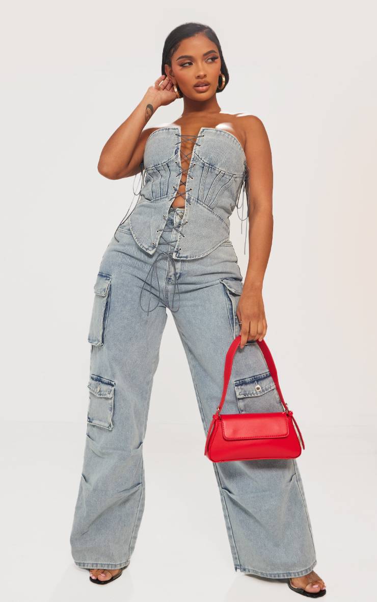 Light Blue Wash Corset En Denim Délavé À Laçage Devant Shape