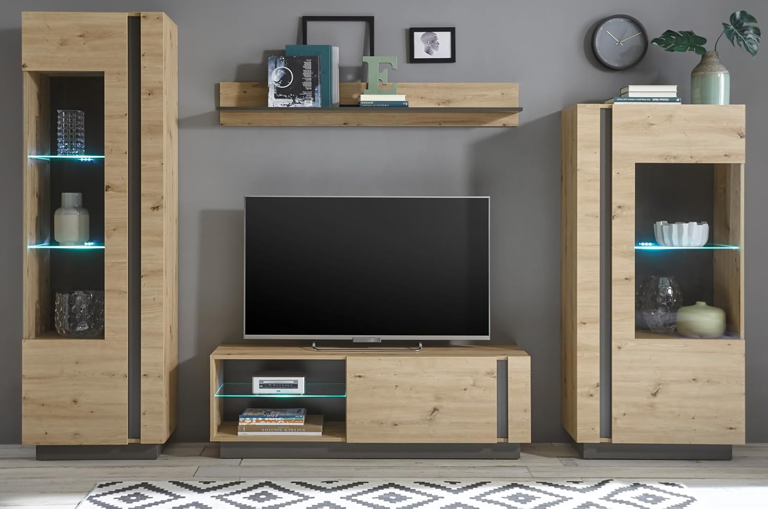 Wohnwand Schrankwand in Eiche Artisan und grau Graphit Wohnkombination 4-teilig Set 290 x 194 cm Louna (Set 1)