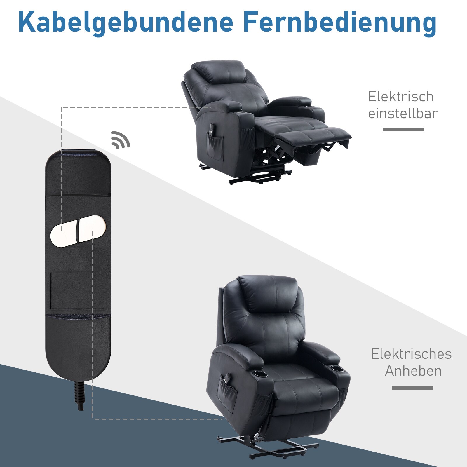 HOMCOM Fernsehsessel 2-in-1-Design, Becherhalter auf beiden Seiten, Sessellift Schwarz 84 x 92 x 109 cm (BxTxH)