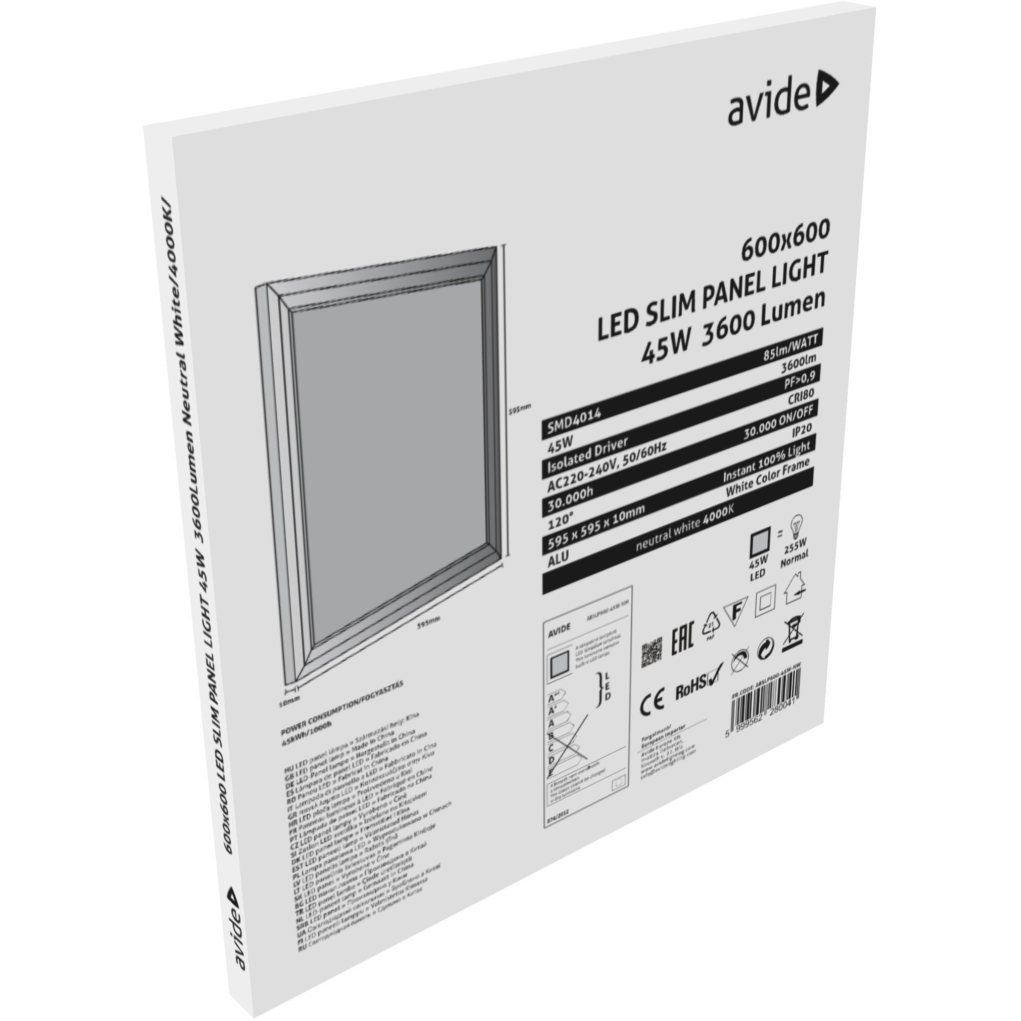 Avide LED Slim Panel 600x600x10mm 45W NW inbouwpaneel