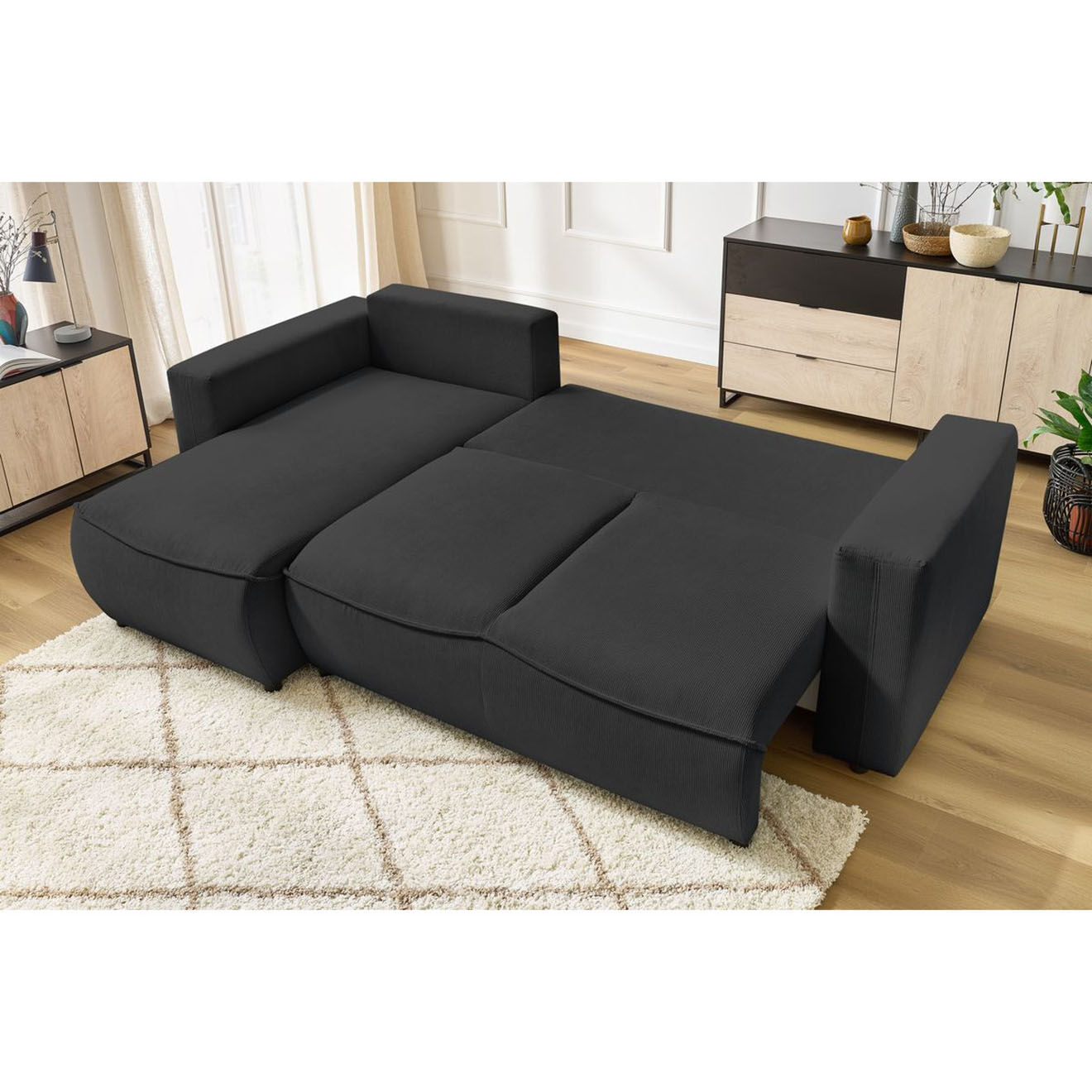 Bobochic Canapé d'angle gauche convertible coffre jasmin velours côtelé gris foncé - 256x158x90 cm
