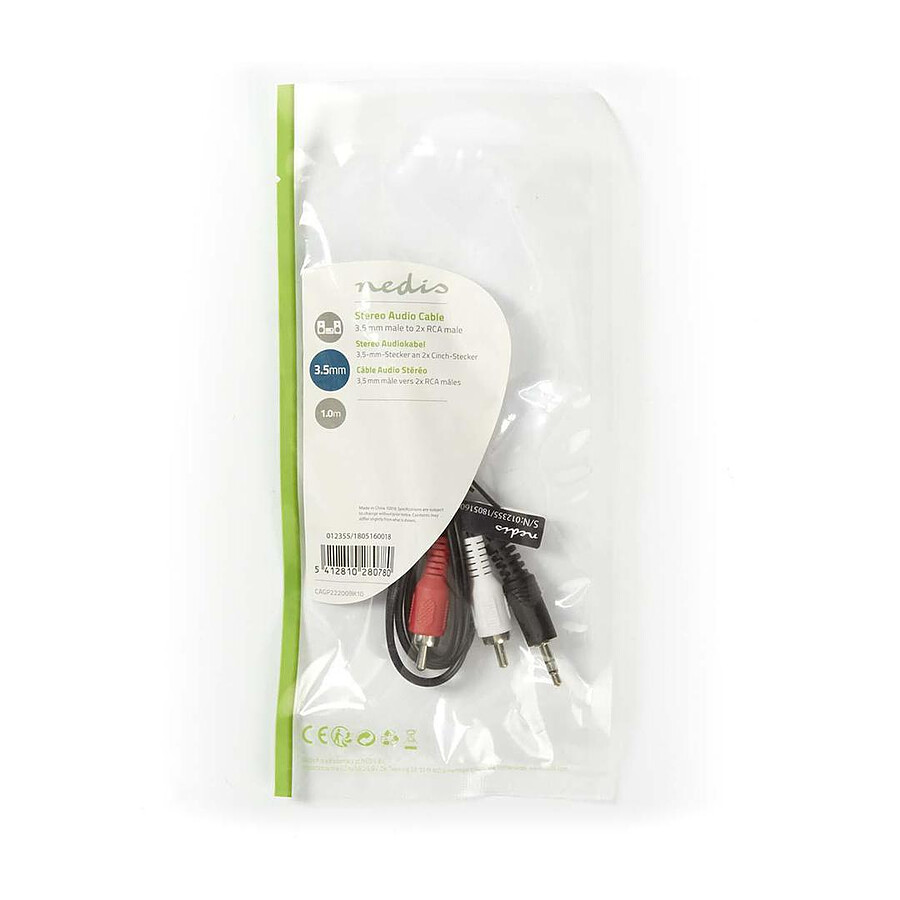 Nedis Cable Audio Stéréo Jack 3.5 mm mâle vers 2x RCA mâle - 1 m