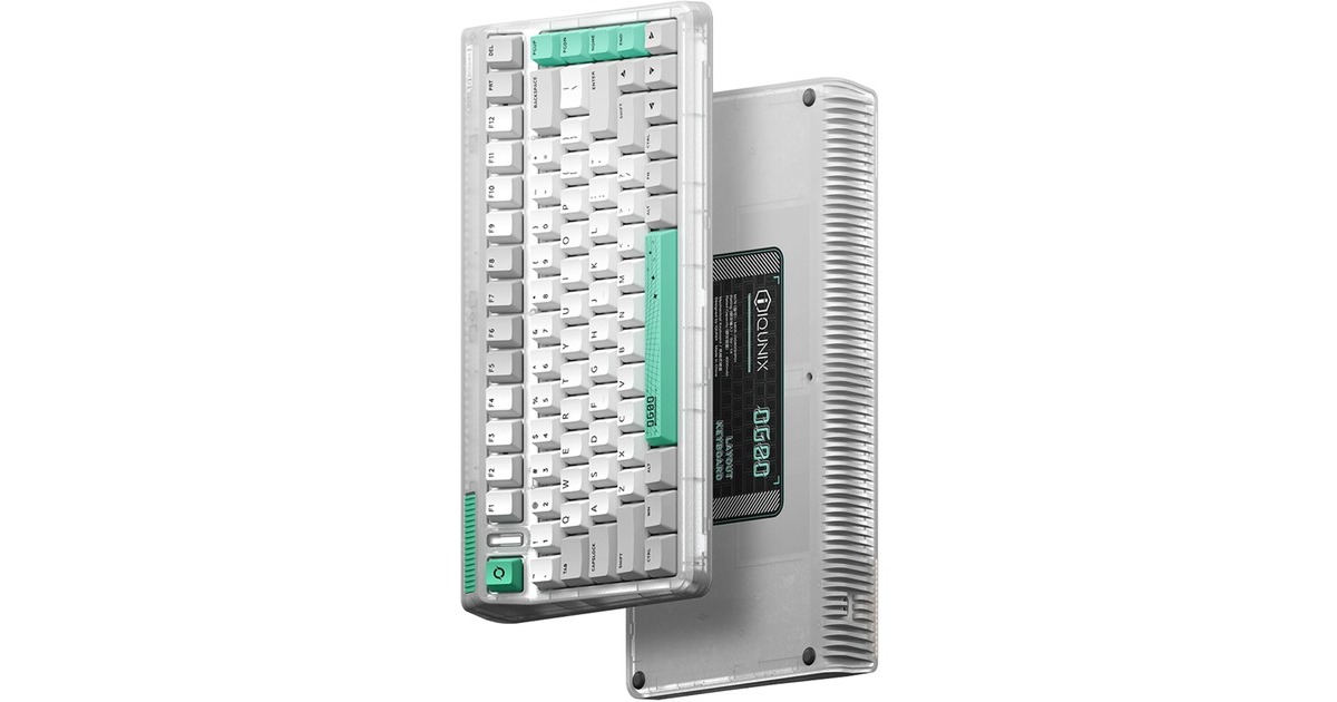IqunixOG80 Wormhole Wireless Mechanical Keyboard, gaming toetsenbord  (Grijs/groen, US lay-out, Cherry MX Red, RGB leds, 80% (TKL), Hot-swappable, PBT, 2.4GHz | Bluetooth 5.1 | USB-C)