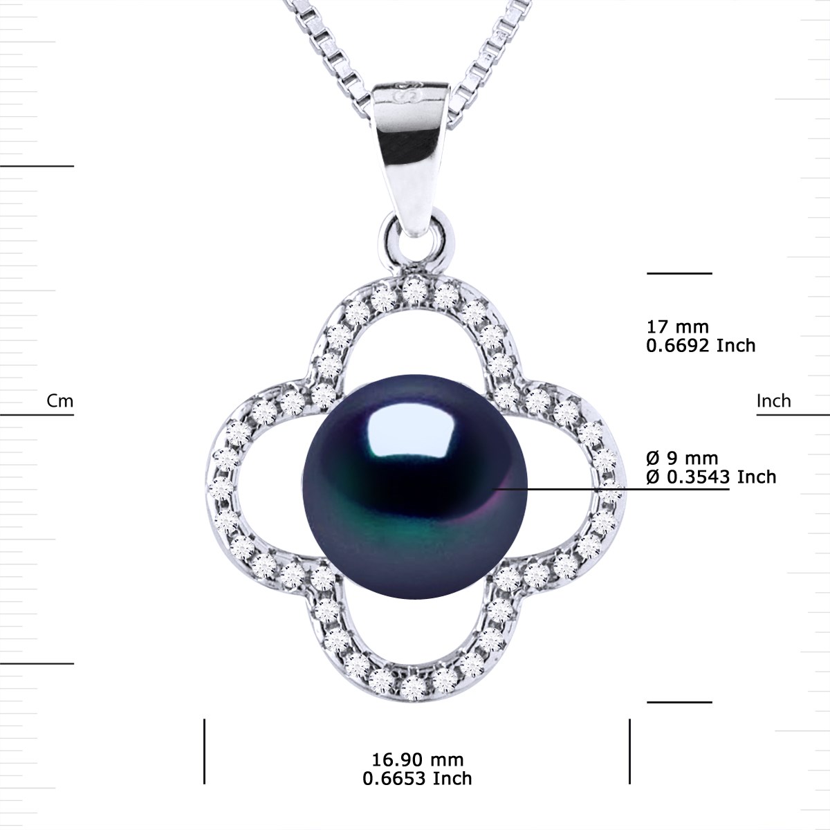 Collier TREFLE Perle d'Eau Douce 9-10 mm Noire Argent 925