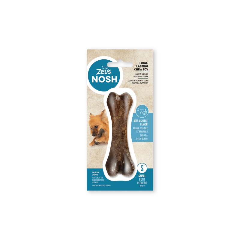 Brinquedo para mastigar Zeus Nosh Strong para cães, em formato de osso, com recheio de carne e queijo, 11 cm