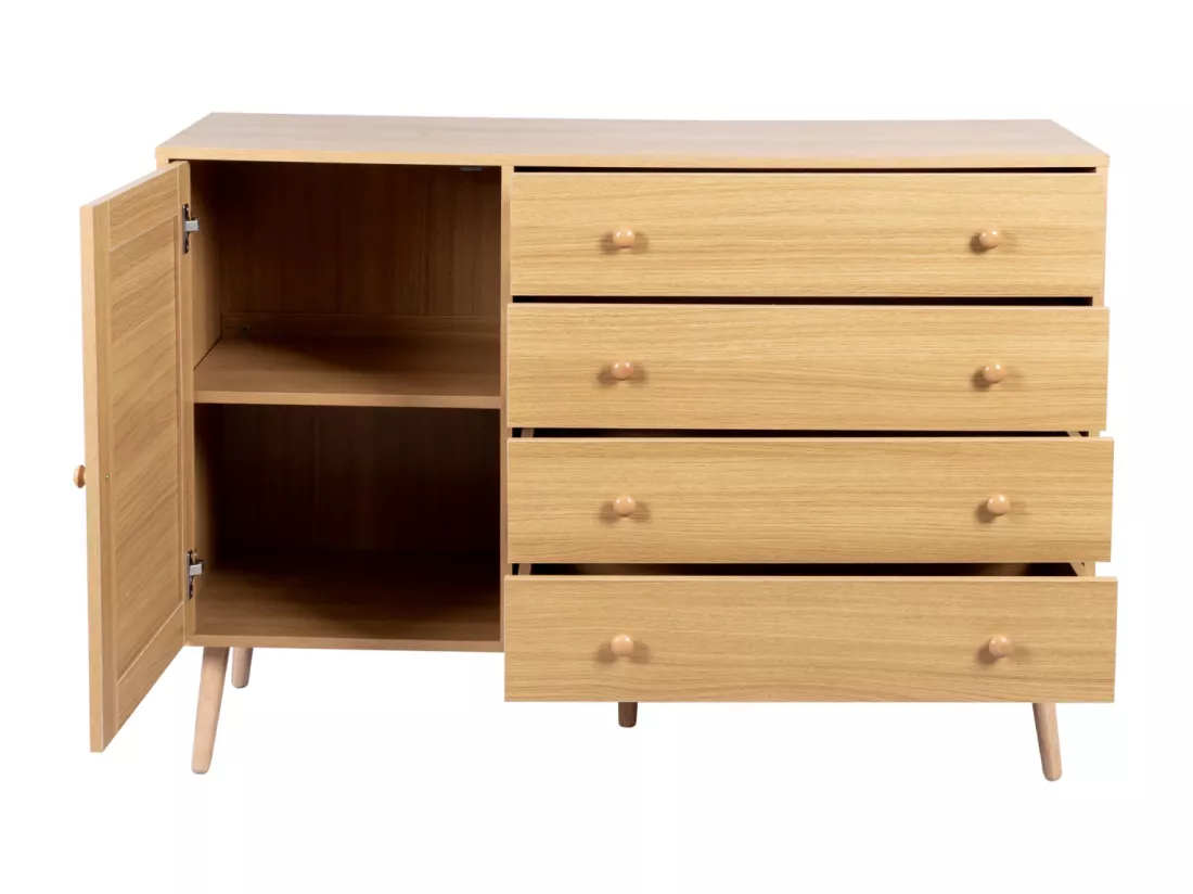 Buffet 120x40x836cm - Armoire avec 4 tiroirs et 1 porte en rotin - en bois MDF+PB - coloris bois