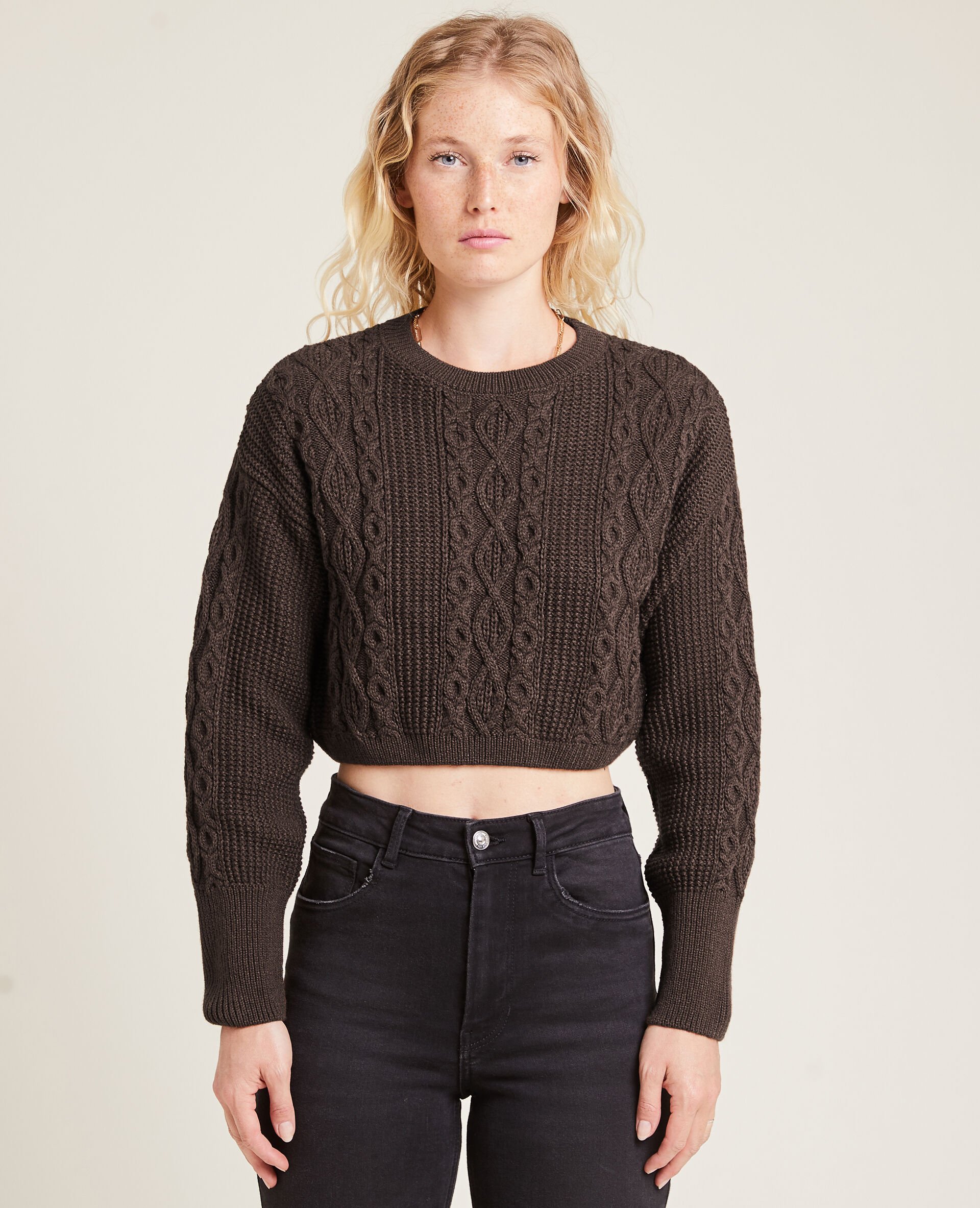 Pull cropped en maille fantaisie - Marron