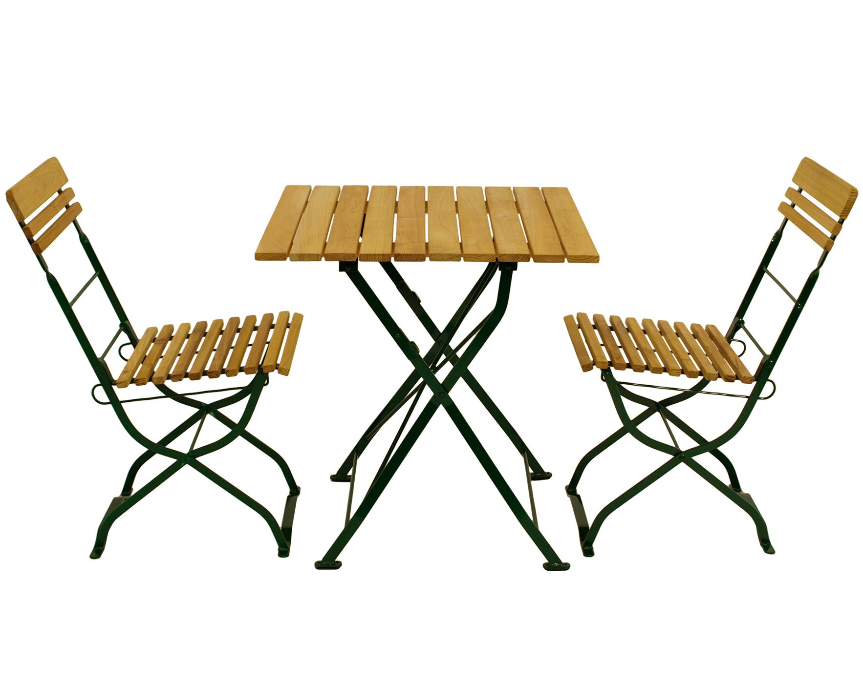 DEGAMO Biergarten - Garnitur MÜNCHEN 3-teilig (2x Stuhl, 1x Tisch 70x70cm), Flachstahl grün + Robinie